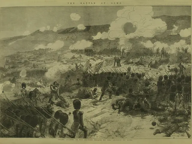 The image shows a book with a drawing of a battle scene on it, depicting a group of people holding...