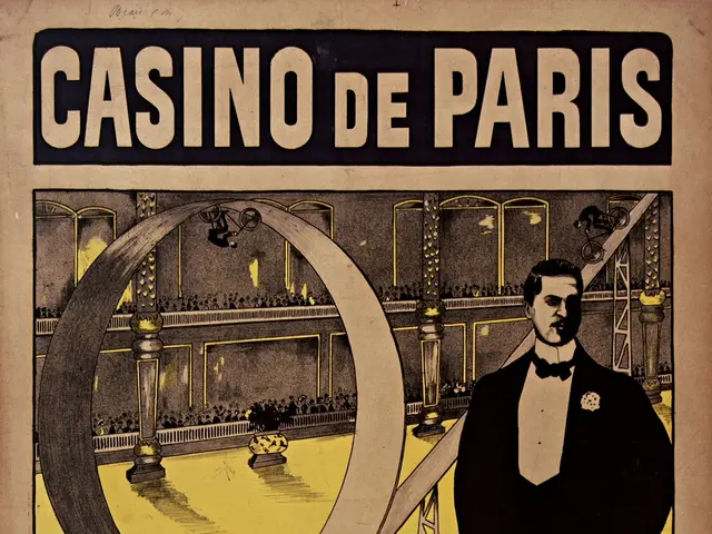 The image shows a poster advertising a casino in Paris, featuring a man in a tuxedo standing in...