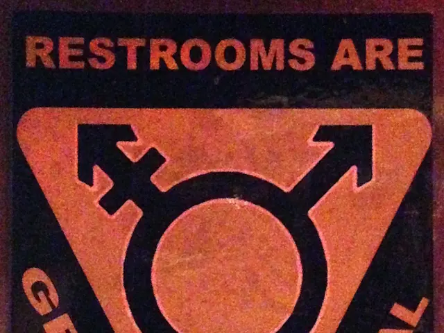 The image shows a poster with the text "Restrooms are Gender Neutral" written on it, emphasizing...