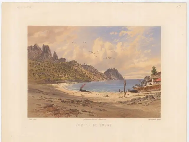 The image shows a painting of a beach with a boat in the water, surrounded by hills, trees, and a...