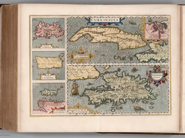 The image shows an open book with a map of Cuba on it. The map is detailed and shows the various...