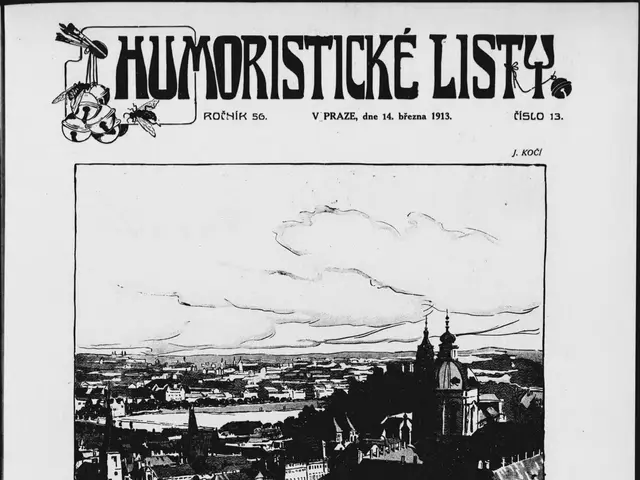 The image shows a black and white poster with a picture of a cityscape featuring buildings, people,...