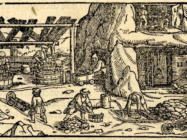 The image shows a black and white drawing of a group of people working in a coal mine, with...