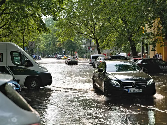 The image shows a flooded street in Berlin, Germany, with cars driving through it. There are people...