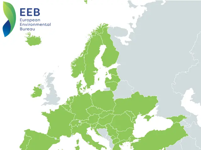The image shows a map of Europe with the European Environmental Bureau (EEB) logo in the top left...