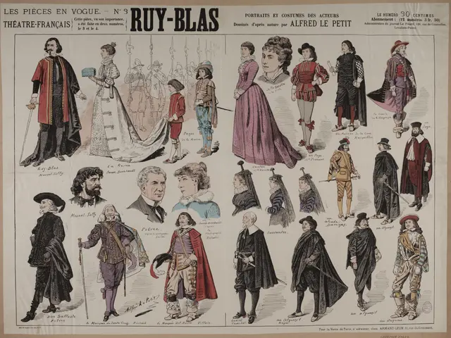 The image shows a paper with pictures of people wearing costumes from the Ruy-Blas Theatre, with...
