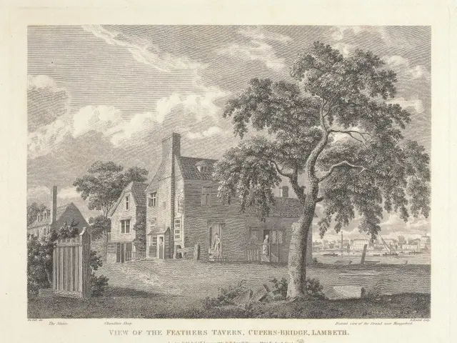 The image shows a view of the Feathers Tavern, Cupers Bridge, Lambeth. It is a black and white...