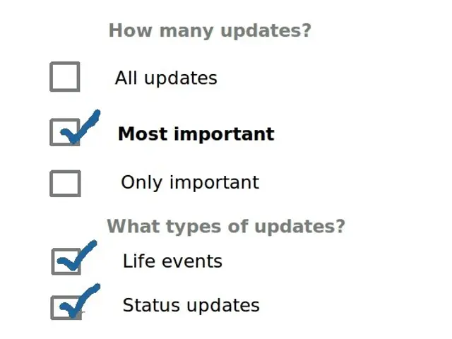 The image shows a screen with text and check boxes, asking the question "How many updates? All...