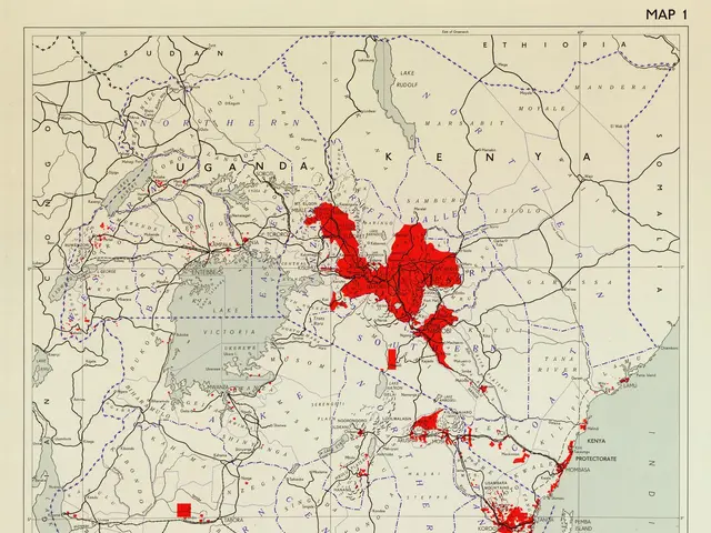 The image shows a poster of a map of East Africa with red dots indicating the extent of the...