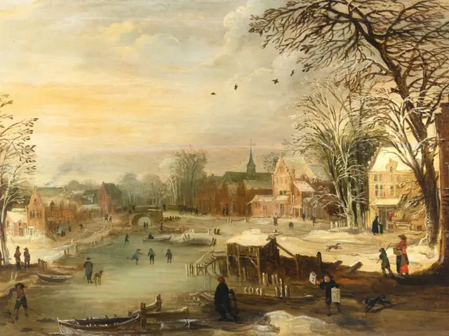 The image shows a winter landscape with a village in the background. We can see a group of people...