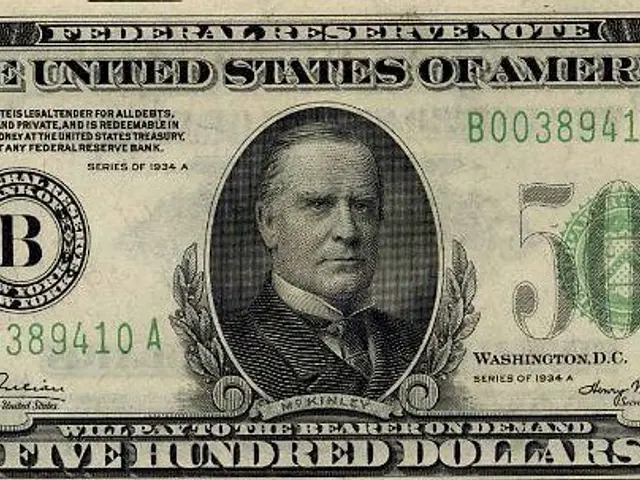 The image shows a 1934 $500 Federal Reserve Note with a portrait of a man in a suit and tie on the...