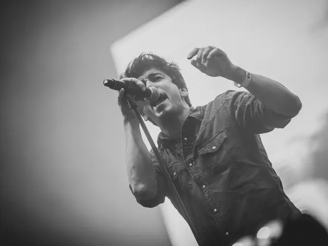 The image shows a man singing into a microphone at a concert, with a human face visible in the...