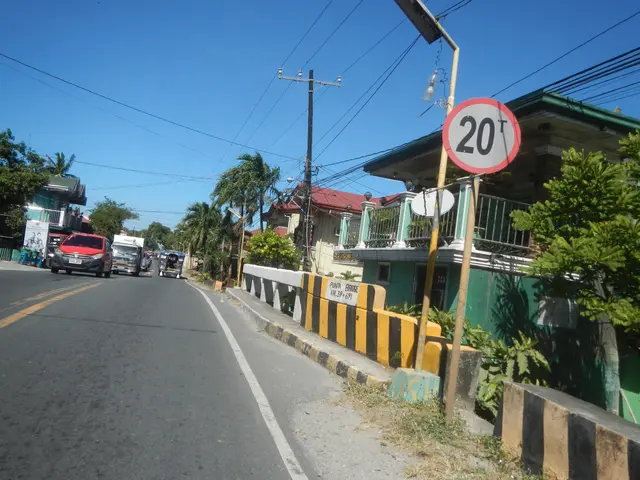 The image shows a street with cars driving down it, a speed limit sign on the side of the road,...