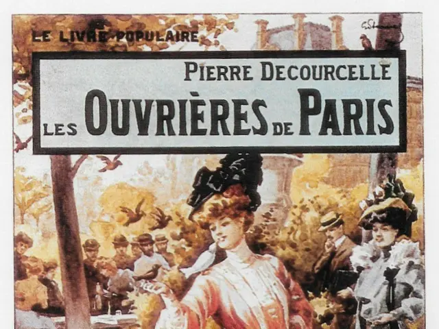 The image shows a poster advertising a book titled "Les Ouvrières de Paris" by Pierre Decourcelle....