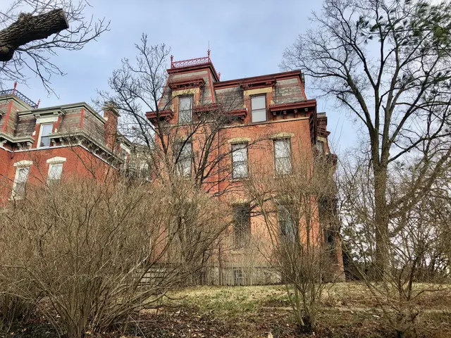 The image shows an old red brick building with a tree in front of it, surrounded by dry leaves on...