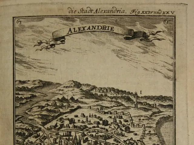 The image shows an old book with a drawing of a map of the city of Alexandria on it. The map is...