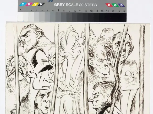 The image shows a page from a comic book with a drawing of a group of people behind bars, with the...