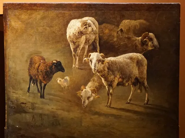 The image shows a painting of a herd of sheep on display in a museum, with a board attached to the...