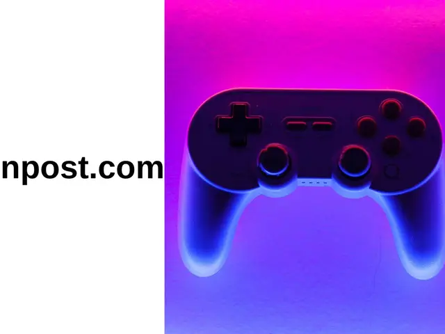 The image shows a close up of a game controller on a purple and blue background with the text...