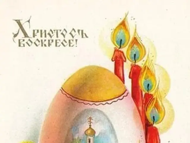 The image shows an old Russian Easter card with a painting of a church in the background,...