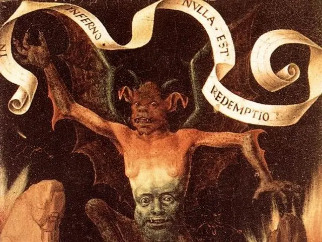 The image shows a painting of a demon with a fire in the background, surrounded by people and other...