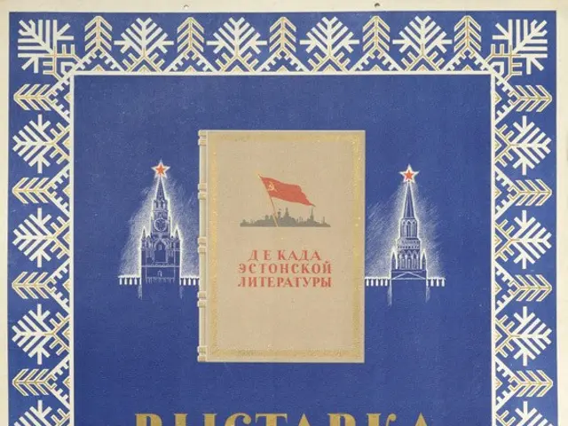 The image shows a Russian propaganda poster for the Soviet Union featuring a picture of a building...