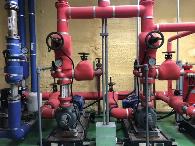 The image shows a room filled with lots of red and blue pipes and valves, as well as meters and...