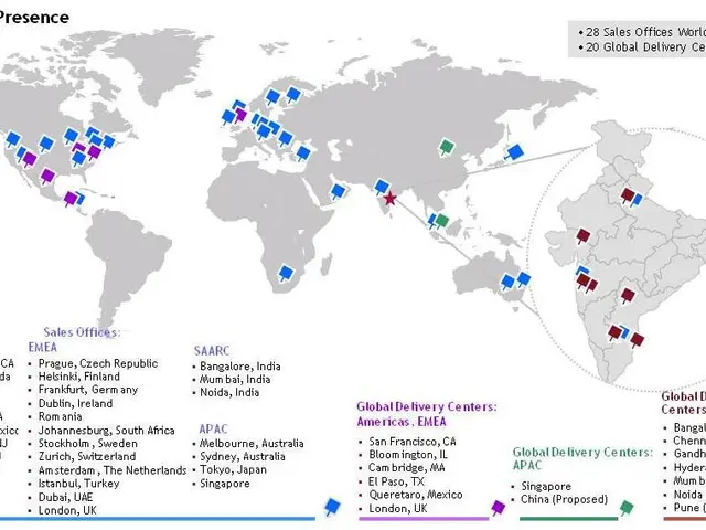 The image shows a map of the world with different locations marked on it, indicating the global...