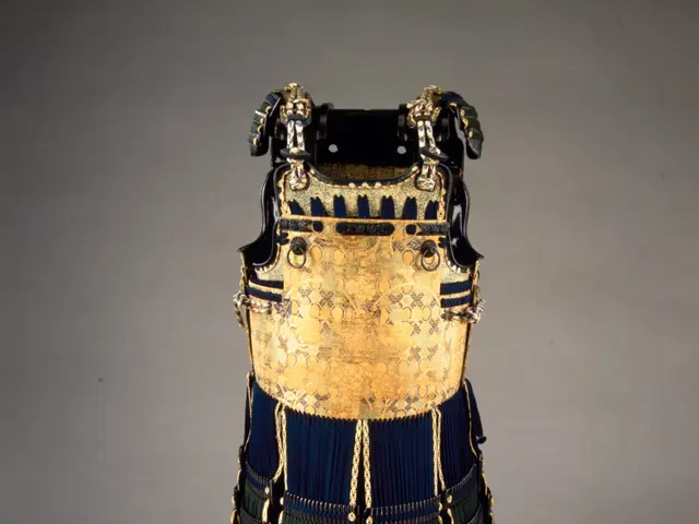 The image shows a close up of a black and gold armor on a white surface. The armor is composed of a...