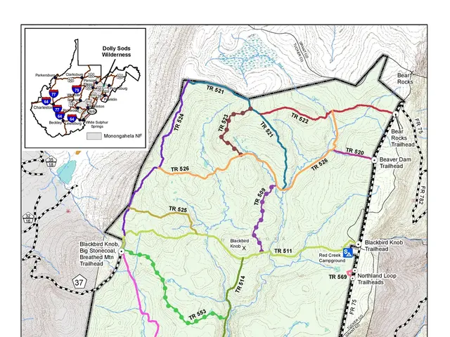 The image shows a poster of a map of the Dolly Sods Wilderness in the Monongahela National Forest....