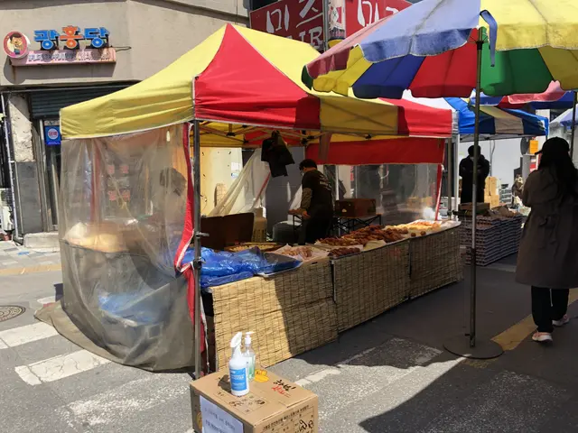 The image shows a street vendor selling food on the side of a street in Seoul, South Korea. There...