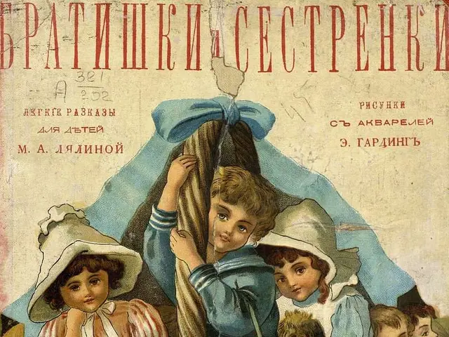 The image shows an old Russian postcard with a group of children in a basket, surrounded by musical...