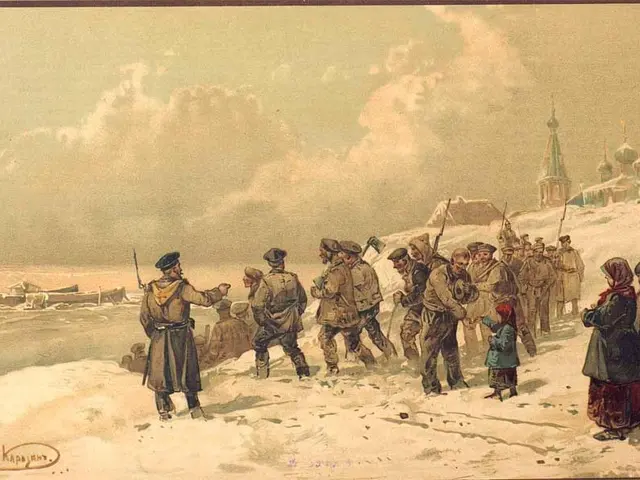 The image shows a painting of a group of people standing in the snow, with some of them holding...