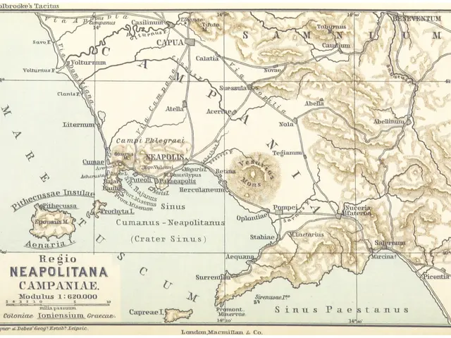 The image shows a poster of a map of the region of Neapolitana, with text written on it. The map is...