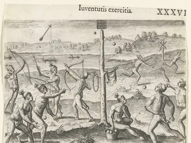 The image shows a group of men playing a game of archery, with some of them holding bows and arrows...
