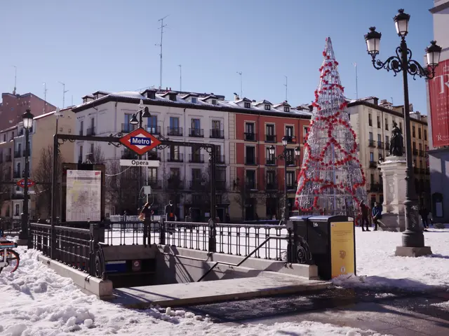 The image shows a Christmas tree in the middle of a snowy street, surrounded by buildings, street...