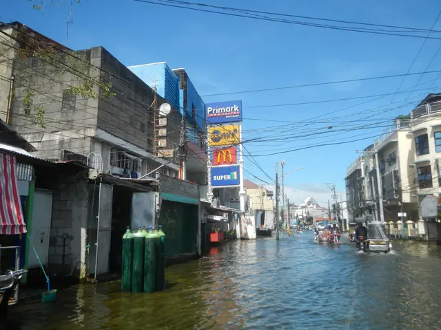 The image shows a flooded street in the middle of a city, with buildings on either side. There are...