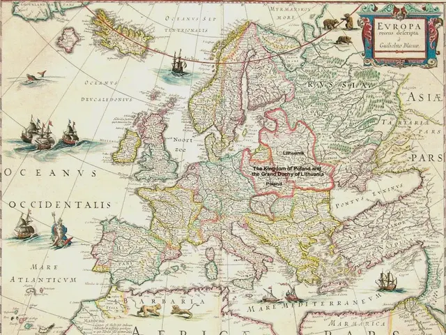 The image shows a poster of a map of Europe with ships sailing across it. The map is detailed and...