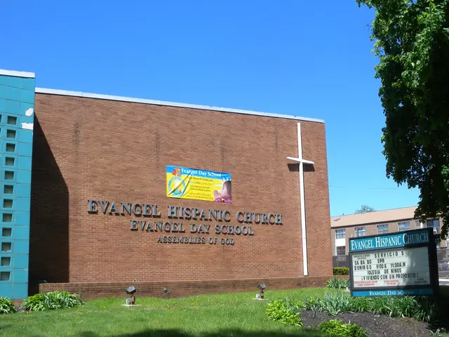 The image shows the Evangel Hispanic Church in St. Louis, Missouri. It is a large building with...