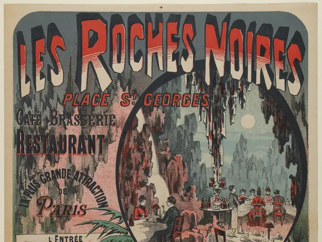 The image shows a poster advertising a restaurant called Les Roches Noires in Paris, France. It...