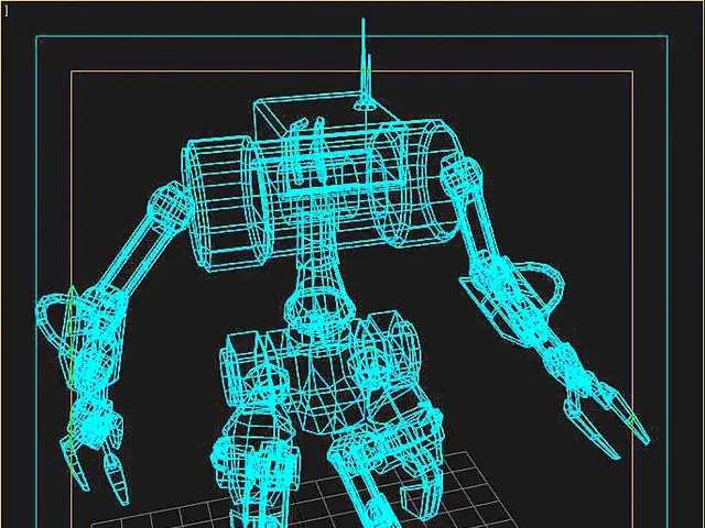 The image shows a 3D model of a robot with a gun in its hand. It is a blueprint of the robot, with...