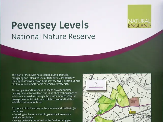The image shows a poster with text and a map of the Pevensey Levels National Nature Reserve. The...
