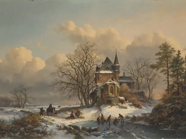 The image shows a winter landscape with a church in the background, surrounded by trees, plants,...
