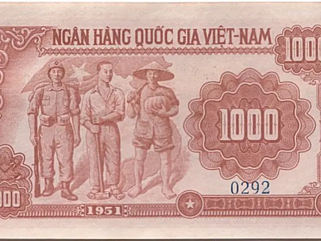 The image shows a Vietnamese 1000 Nam banknote with a picture of three people on it. The background...