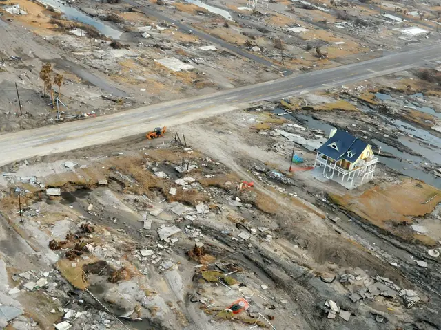 The image shows an aerial view of a road in the middle of a devastated area, with a house on the...