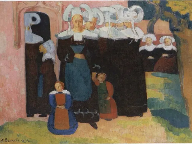 The image shows a painting of a group of women standing in front of a building, with a tree in the...