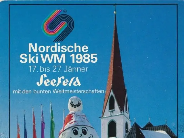 The image shows a poster of the 1985 Nordic Ski World Championships in Seefeld, Switzerland. It...