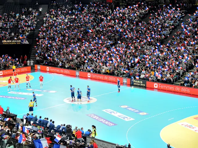 The image shows a group of people playing a game of handball in front of a large crowd of people...