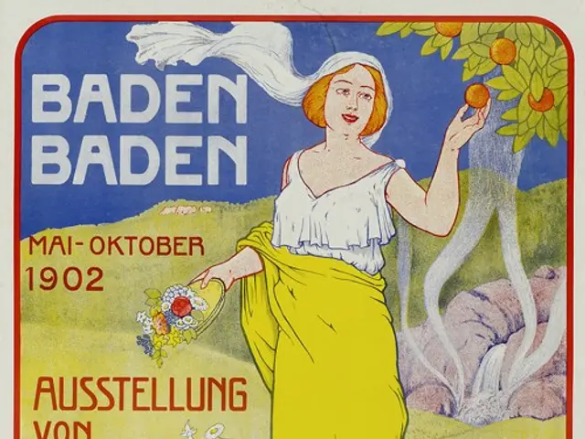 The image shows a poster advertising a baden baden beer festival in 1902. It features a woman in a...