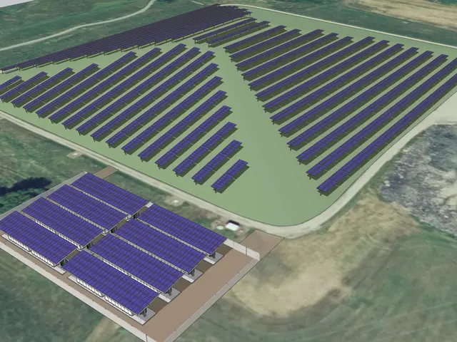 The image shows an aerial view of a large solar farm in the middle of a field, surrounded by lush...